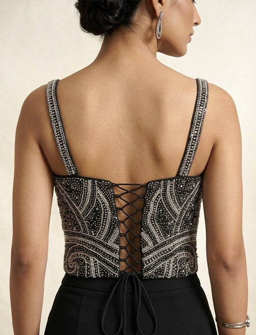 Black Hand-Beaded Designer Corset Blouse with Crystal Center