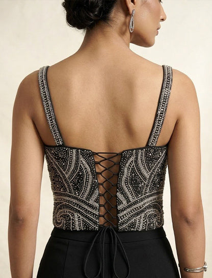 Black Hand-Beaded Designer Corset Blouse with Crystal Center