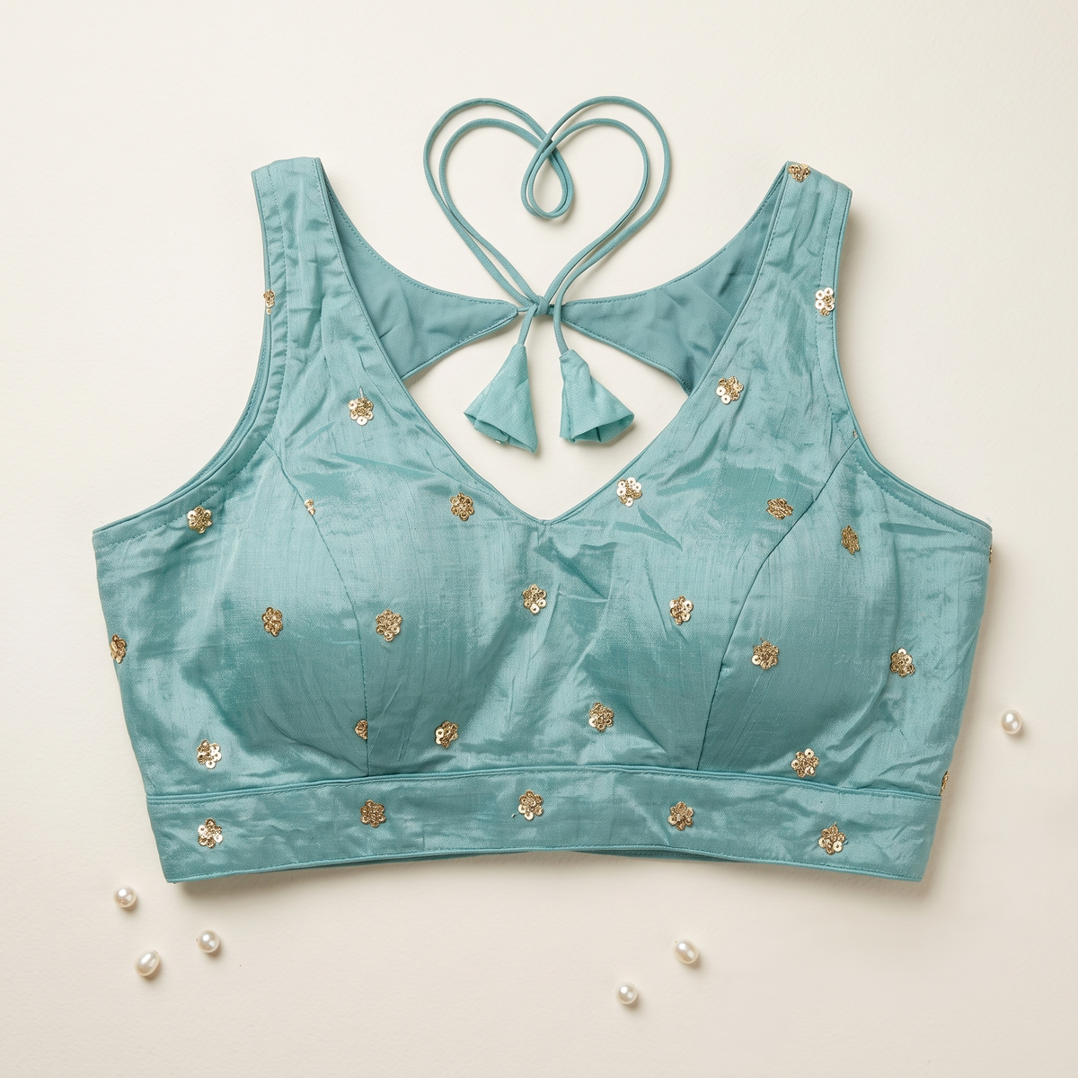 Elegant Pista Sequined Floral Motif Blouse with Tie-Back Latkan