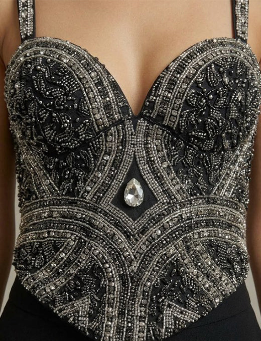 Black Hand-Beaded Designer Corset Blouse with Crystal Center