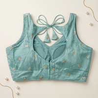 Elegant Pista Sequined Floral Motif Blouse with Tie-Back Latkan