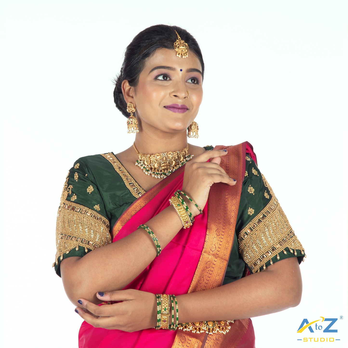 Bottle Green Silk Cloth Blouse with Small peacock ,chain and mirror Design