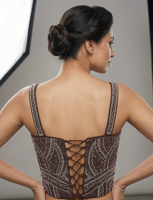 Maroon Beaded Designer Corset Blouse with Crystal Detail