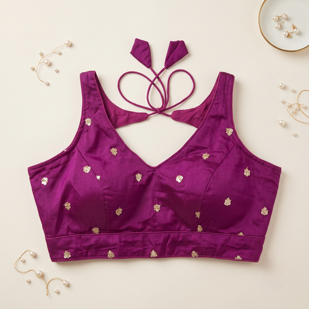 Elegant Purple Sequined Floral Motif Blouse with Tie-Back Latkan