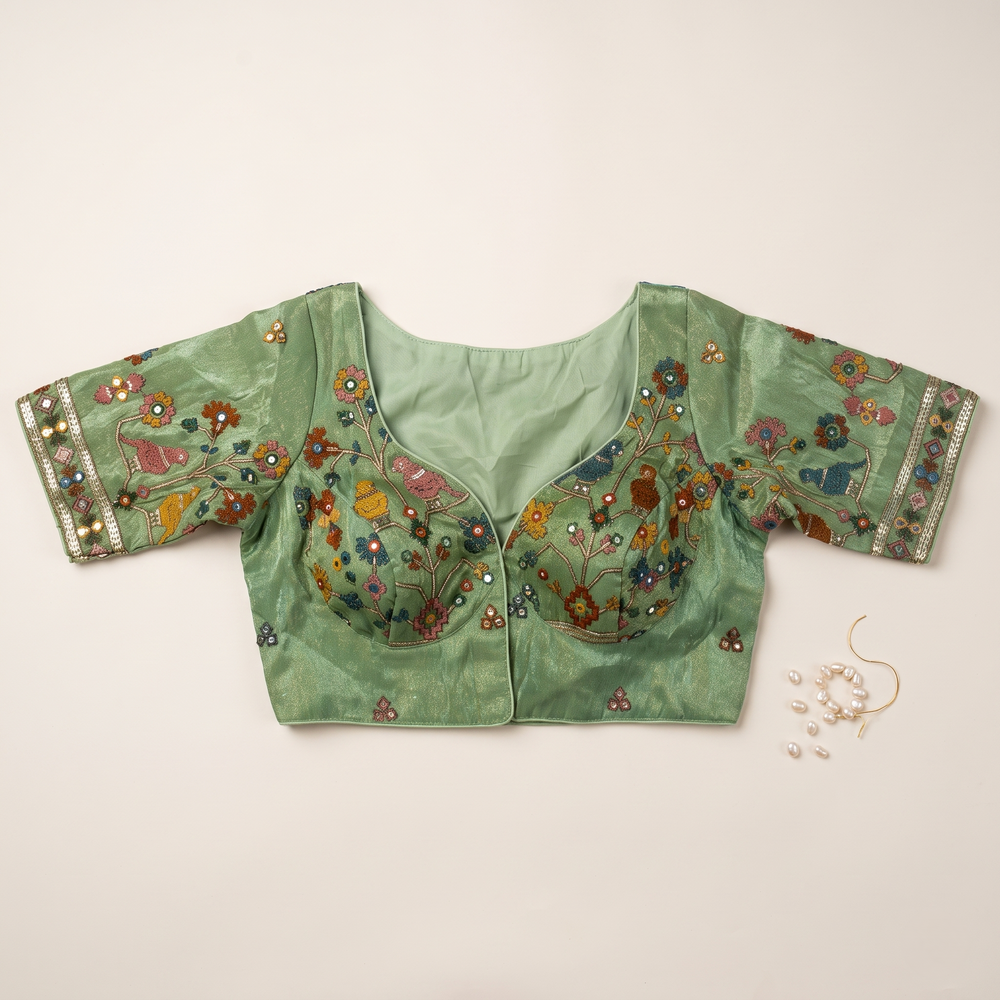 Sage Mint Embroidered Silk Saree Blouse with Floral & Bird Motifs