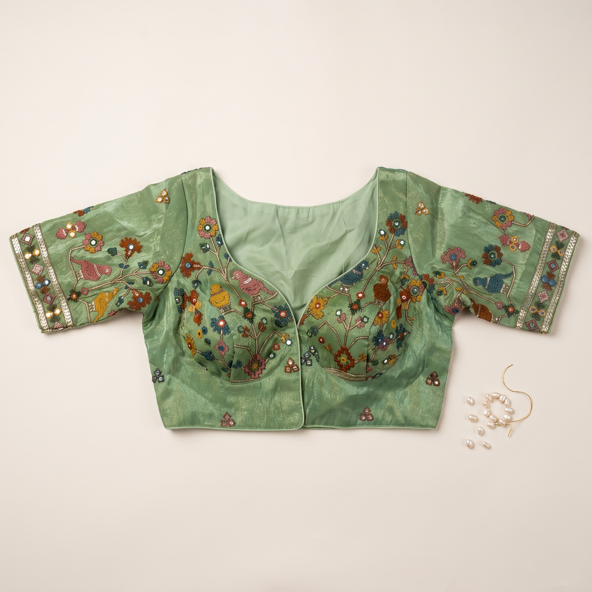Sage Mint Embroidered Silk Saree Blouse with Floral & Bird Motifs