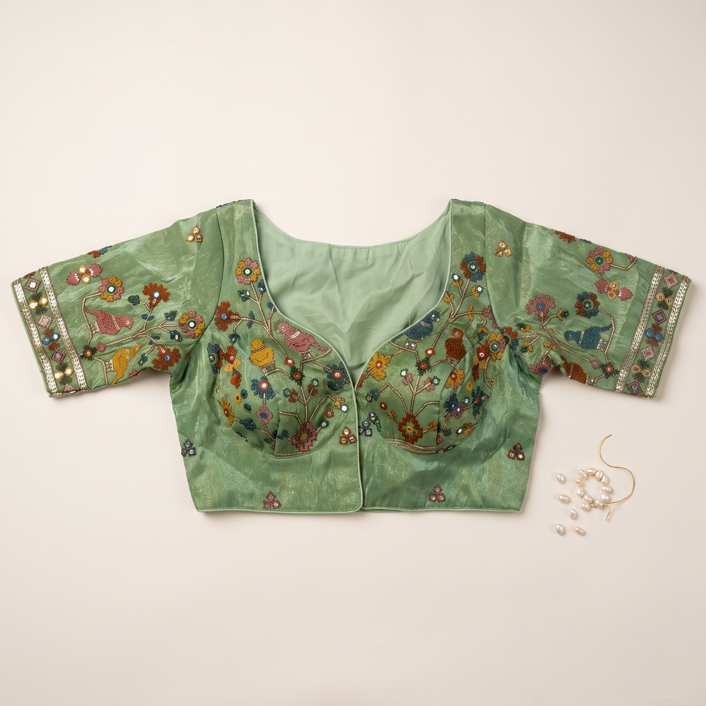 Sage Mint Embroidered Silk Saree Blouse with Floral & Bird Motifs