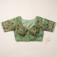 Sage Mint Embroidered Silk Saree Blouse with Floral & Bird Motifs