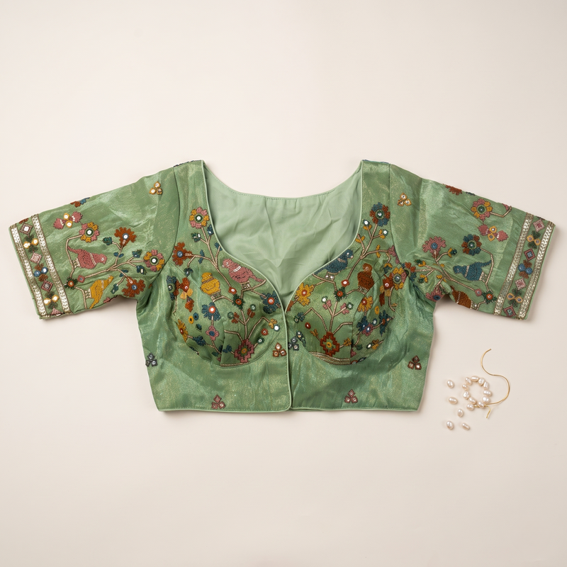 Sage Mint Embroidered Silk Saree Blouse with Floral & Bird Motifs