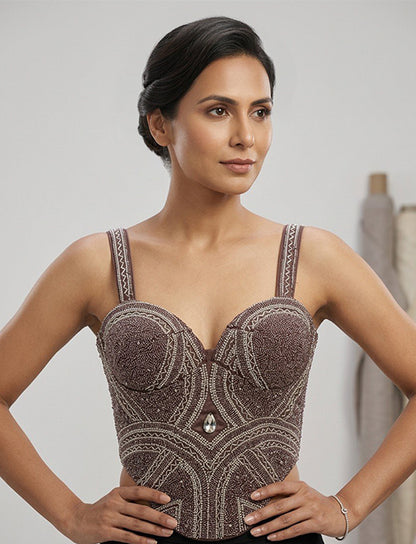 Maroon Beaded Designer Corset Blouse with Crystal Detail