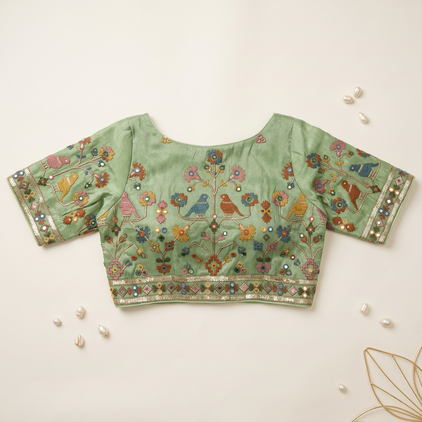 Sage Mint Embroidered Silk Saree Blouse with Floral & Bird Motifs