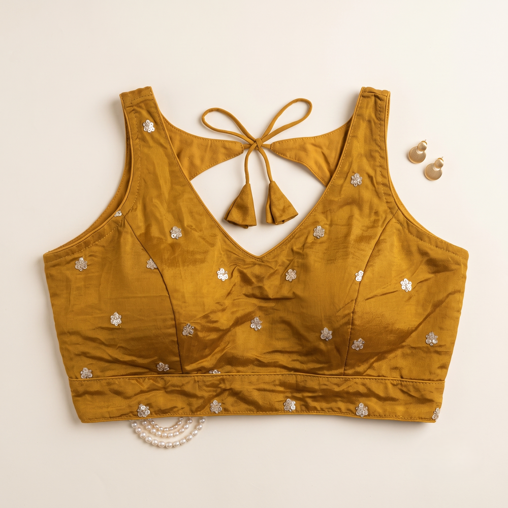 Elegant Mustard Sequined Floral Motif Blouse with Tie-Back Latkan