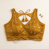Elegant Mustard Sequined Floral Motif Blouse with Tie-Back Latkan