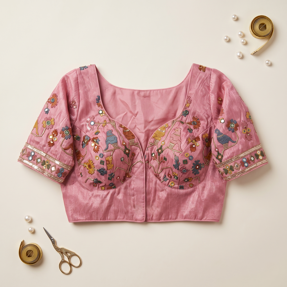 Peach Embroidered Silk Saree Blouse with Floral & Bird Motifs