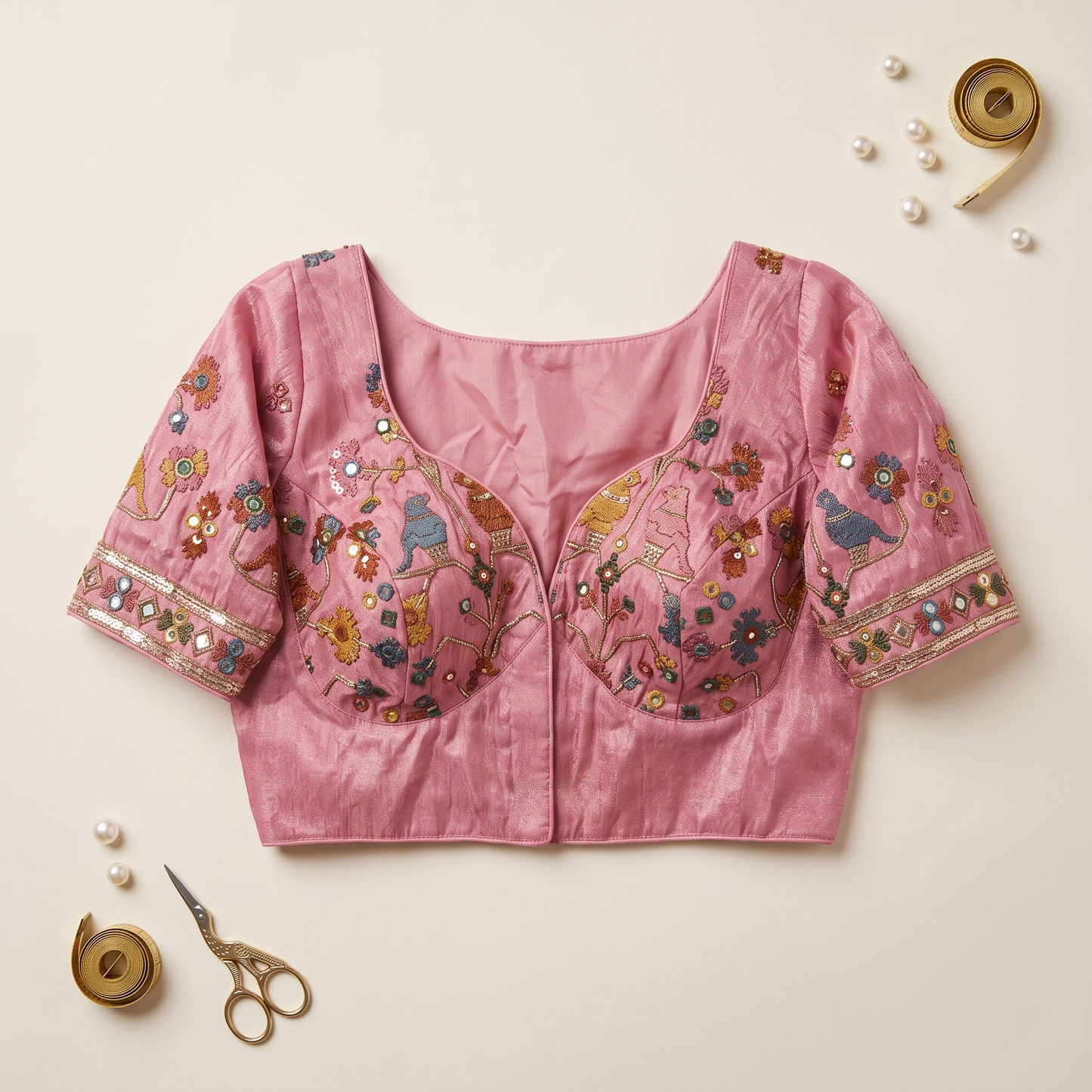 Peach Embroidered Silk Saree Blouse with Floral & Bird Motifs