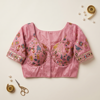 Peach Embroidered Silk Saree Blouse with Floral & Bird Motifs