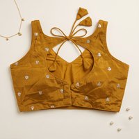 Elegant Mustard Sequined Floral Motif Blouse with Tie-Back Latkan