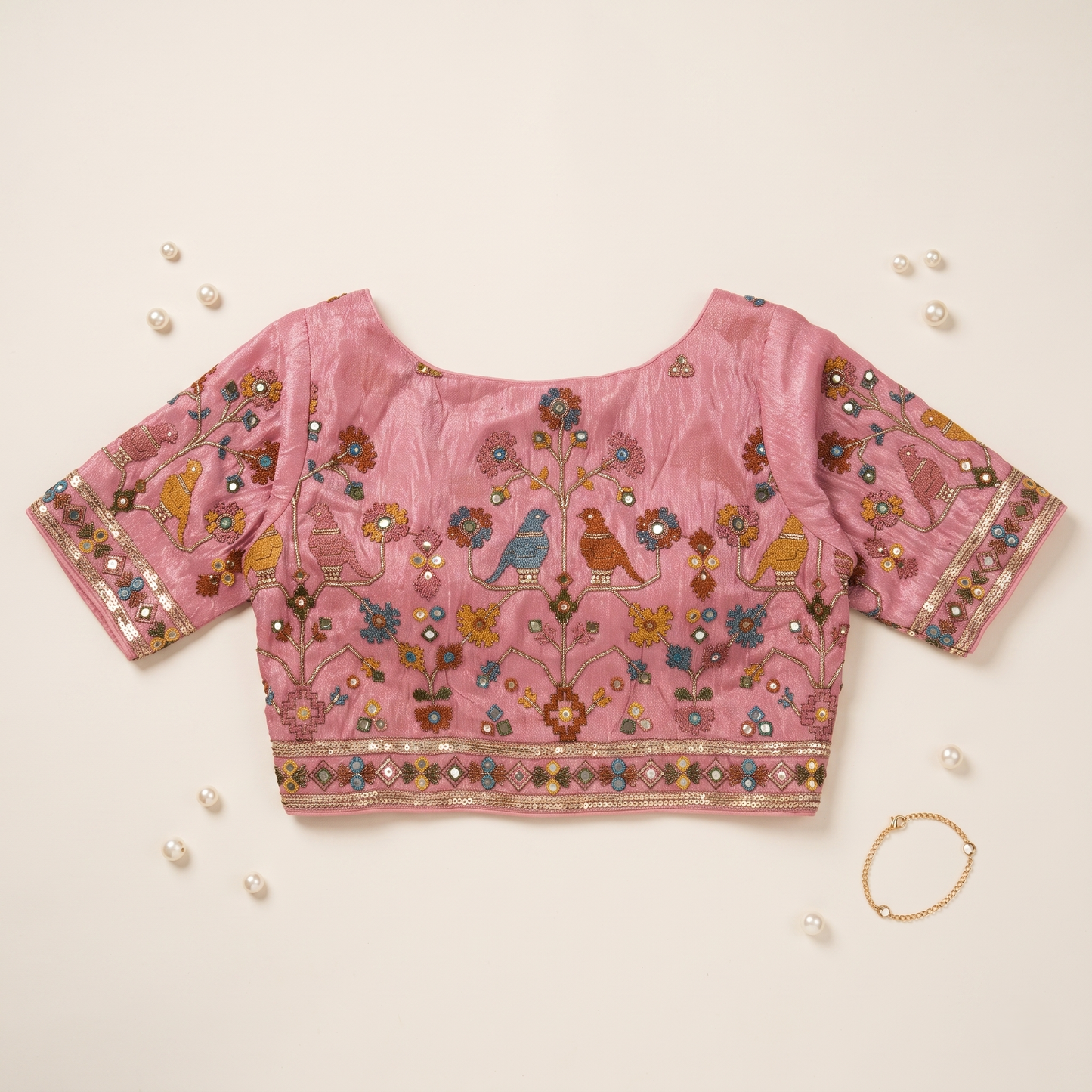 Peach Embroidered Silk Saree Blouse with Floral & Bird Motifs