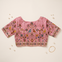 Peach Embroidered Silk Saree Blouse with Floral & Bird Motifs