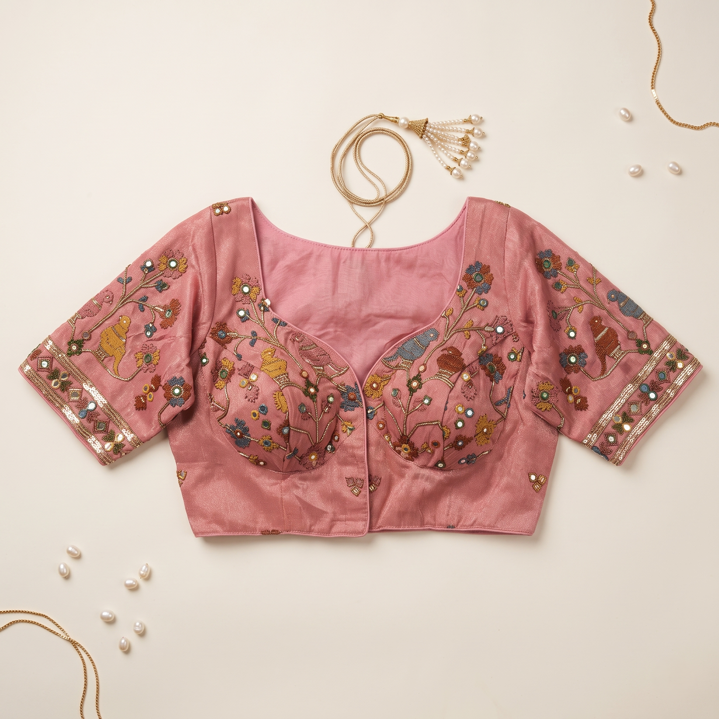 Baby Pink Embroidered Silk Saree Blouse with Floral & Bird Motifs