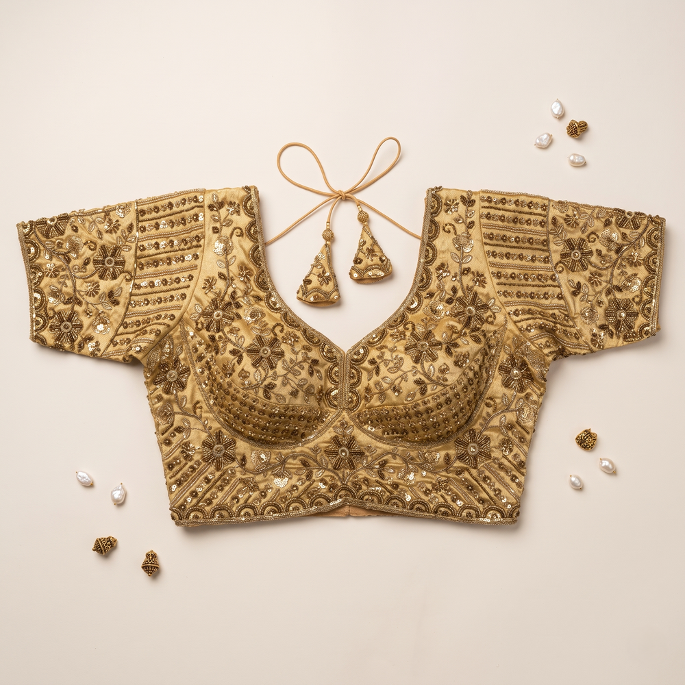 Gold Hand-Embroidered Zardozi & Sequin Bridal Blouse