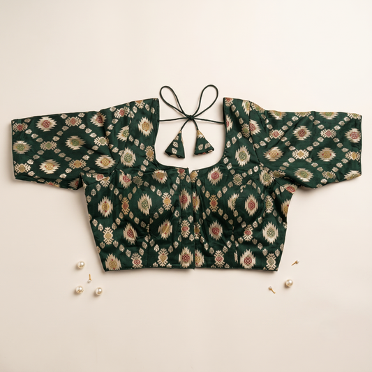 Dark Green Banaras Silk Brocade Blouse with Zari Geometric Butta