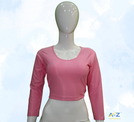 Baby Pink Cotton Lycra Blouse with Shiny Cross Lines