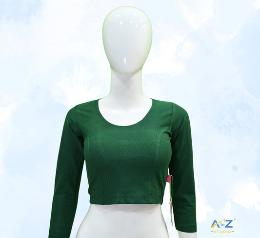 Bottle Green Cotton Lycra Blouse with Shiny Cross Lines