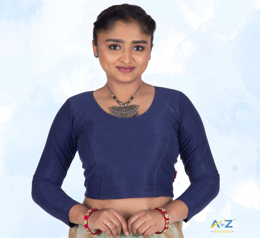 Navy Blue Cotton Lycra Blouse with Shiny Cross Lines