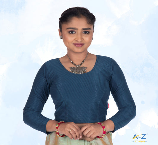 Peacock Cotton Lycra Blouse with Shiny Cross Lines