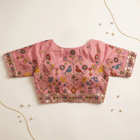 Baby Pink Embroidered Silk Saree Blouse with Floral & Bird Motifs
