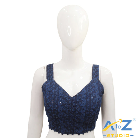 Navy Blue Embroidered Cotton Blouse with Front Button Detailing