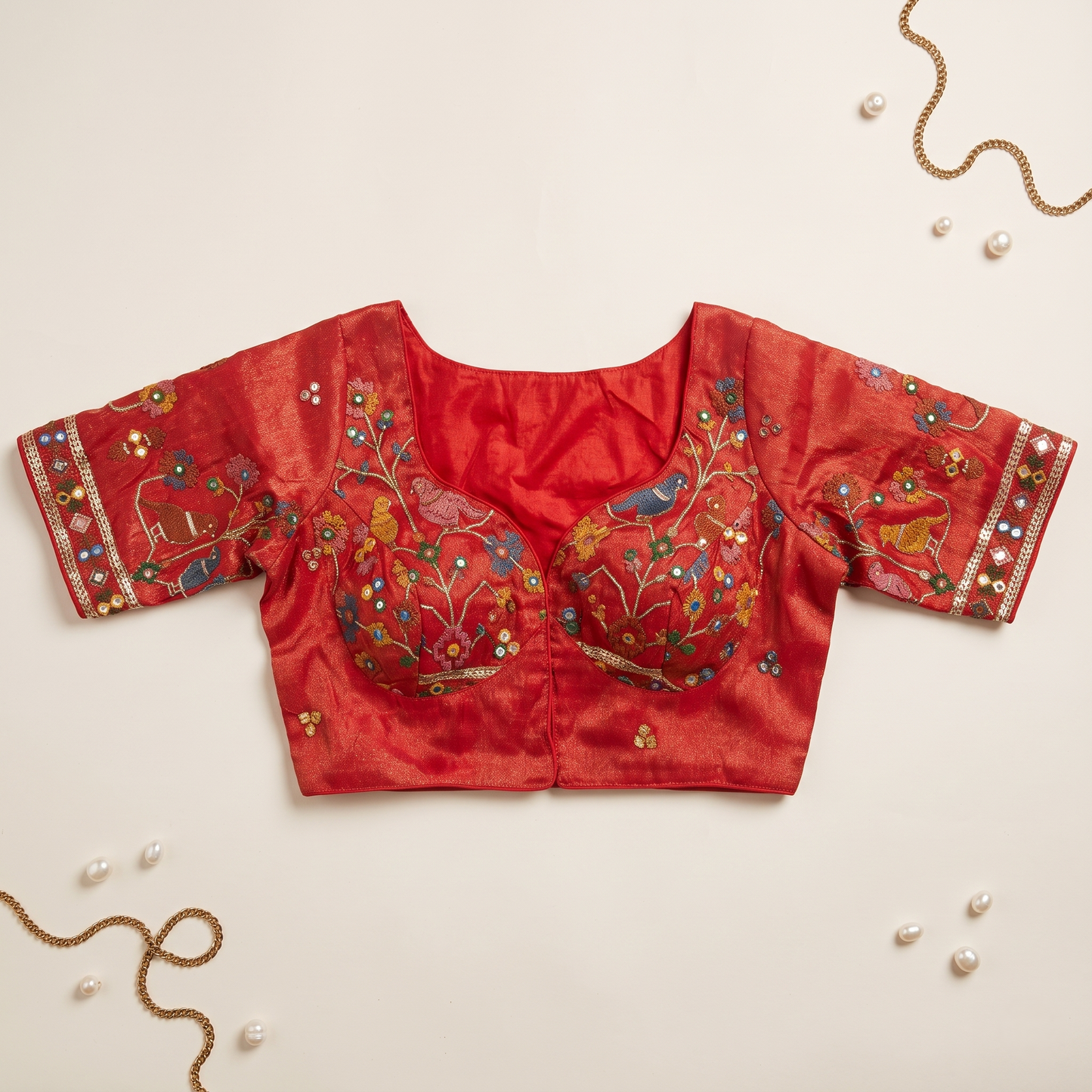 Red Embroidered Silk Saree Blouse with Floral & Bird Motifs