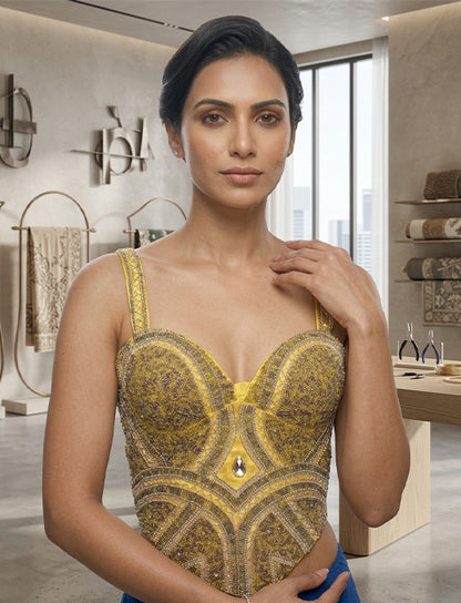 Yellow Beaded Designer Corset Blouse with Crystal Detail