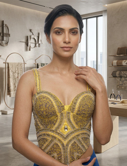 Yellow Beaded Designer Corset Blouse with Crystal Detail