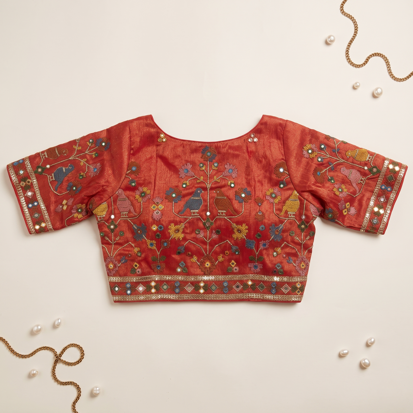 Red Embroidered Silk Saree Blouse with Floral & Bird Motifs