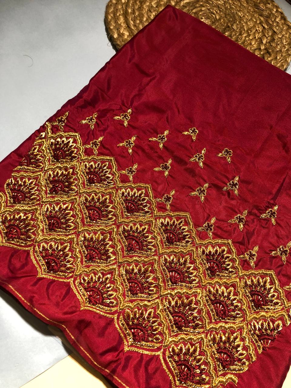 Crimson Scalloped Zari Fabric