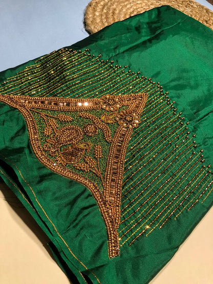 Artisanal Gold-Crested Silk Blouse with Gilded Linear Beadwork