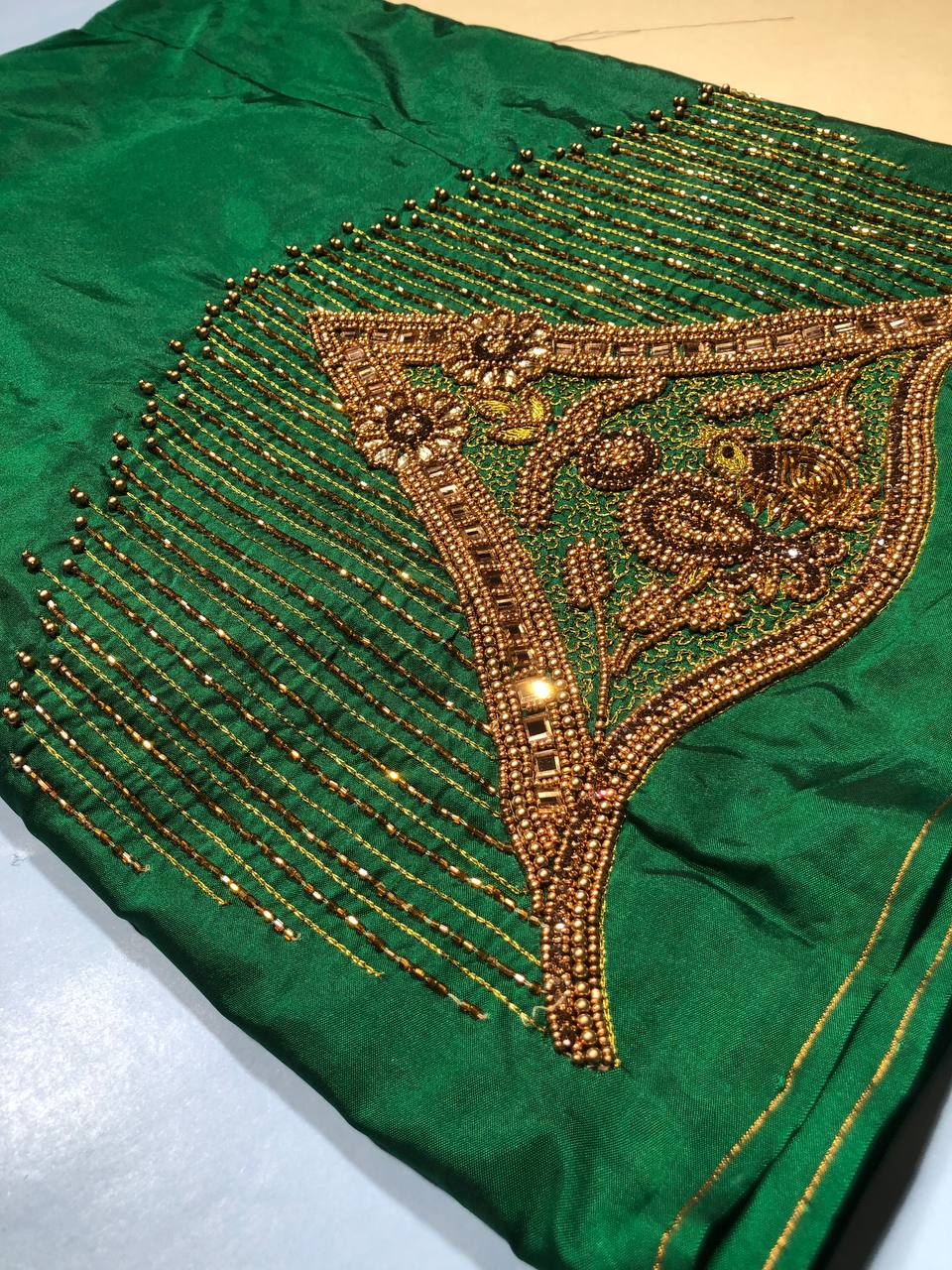 Artisanal Gold-Crested Silk Blouse with Gilded Linear Beadwork