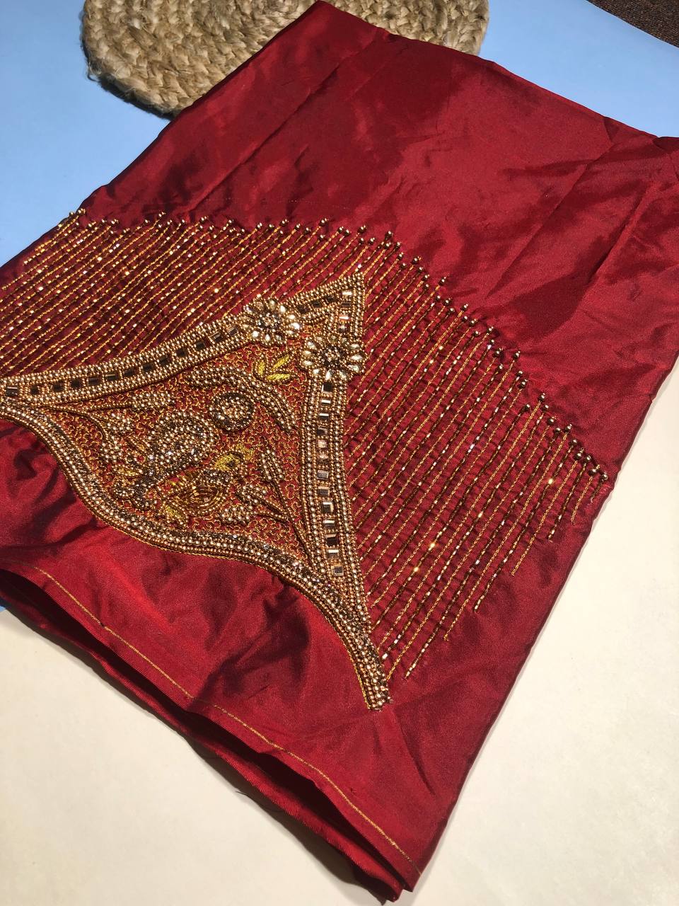 The Gilded Maroon Majesty: Heavily Beadwork Silk Blouse