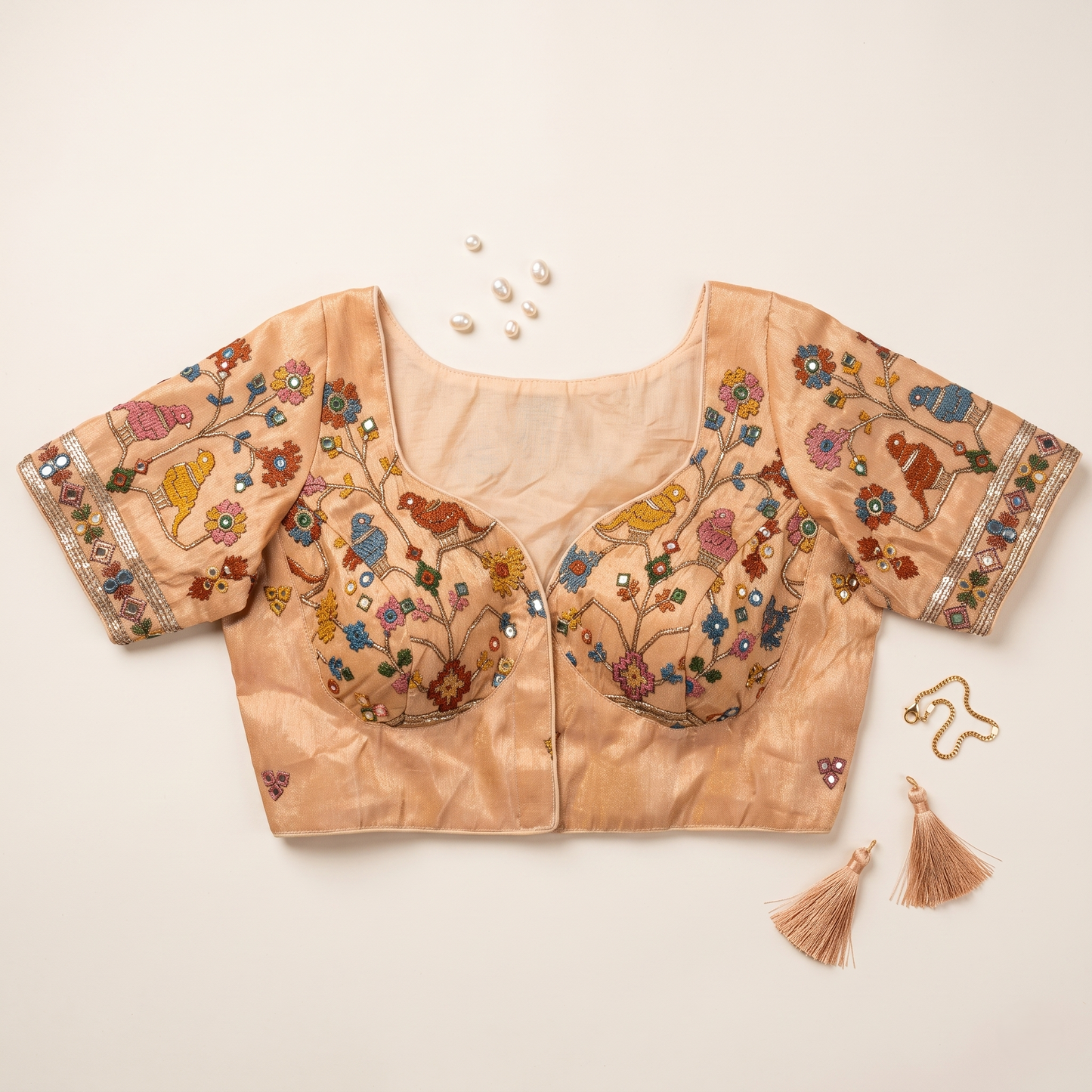 Skin Embroidered Silk Saree Blouse with Floral & Bird Motifs