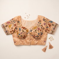 Skin Embroidered Silk Saree Blouse with Floral & Bird Motifs