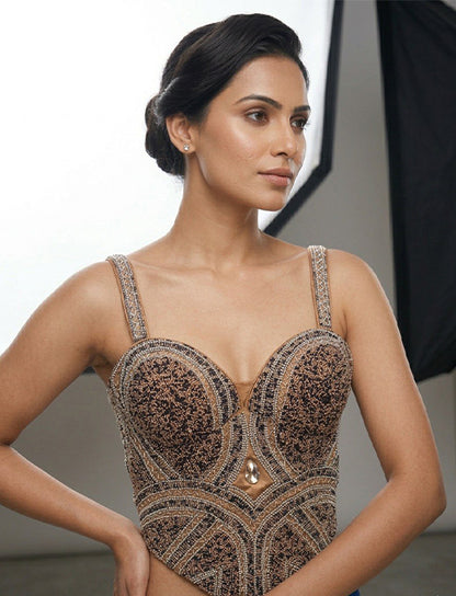 Coral Hand-Beaded Designer Corset Blouse with Crystal Accent