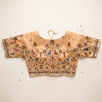 Skin Embroidered Silk Saree Blouse with Floral & Bird Motifs