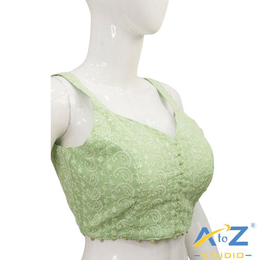 Pista Green Embroidered Cotton Blouse with Front Button Detail
