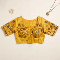 G Yellow Embroidered Silk Saree Blouse with Floral & Bird Motifs