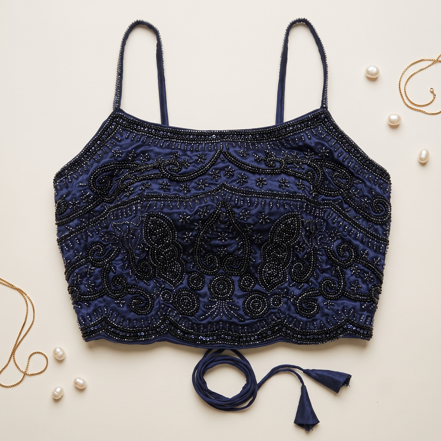 Deep NavyBlue tonal Beaded Scroll Top