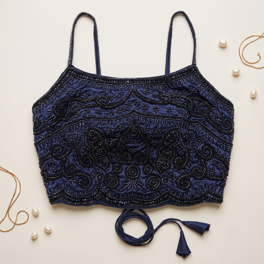 Deep NavyBlue tonal Beaded Scroll Top