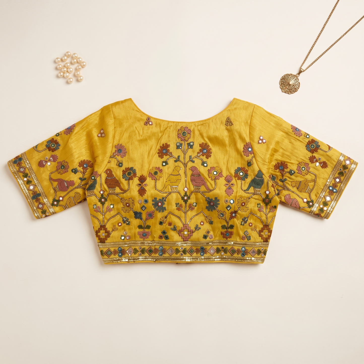G Yellow Embroidered Silk Saree Blouse with Floral & Bird Motifs
