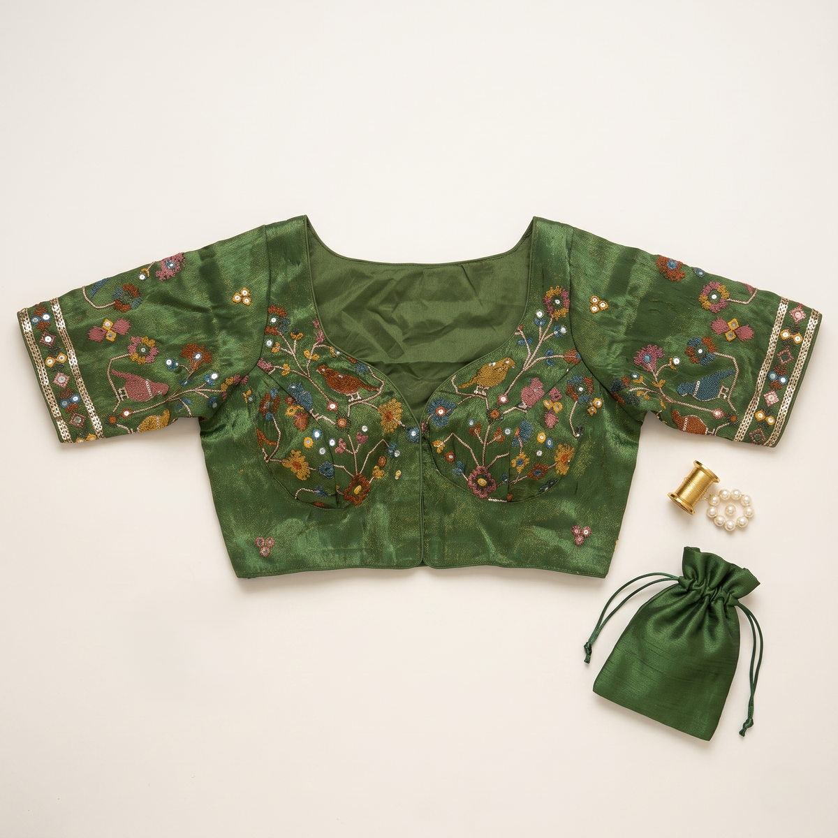 Sage Green Embroidered Silk Saree Blouse with Floral & Bird Motifs